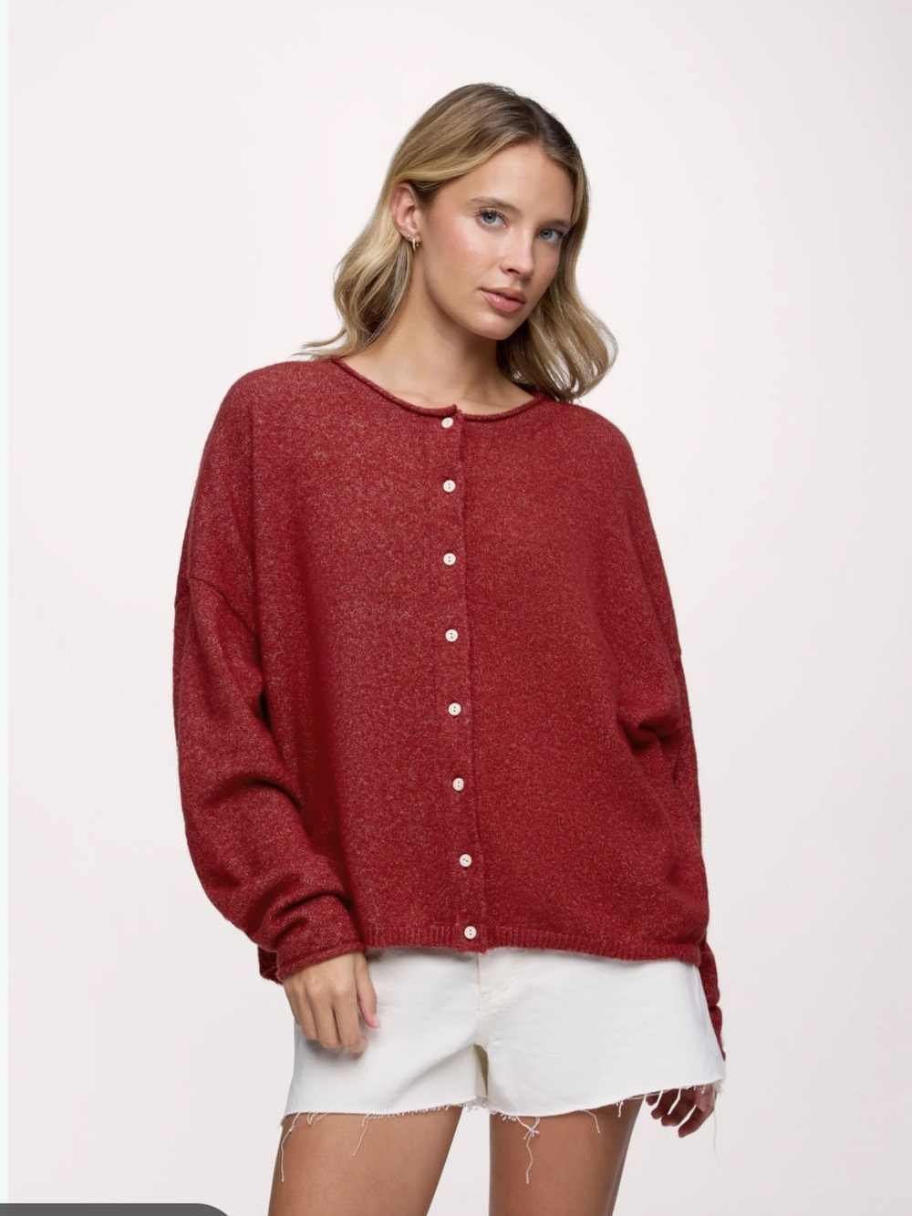 Nuuds Heather Scarlet Cozy Knit Boxy Cardigan Sweater Relaxed Slouchy Earthy M/L